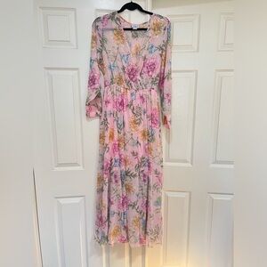 Alexa B Metallic Floral Pink Sheer Fairy Cottagecore Surplice Belt Maxi Dress 10